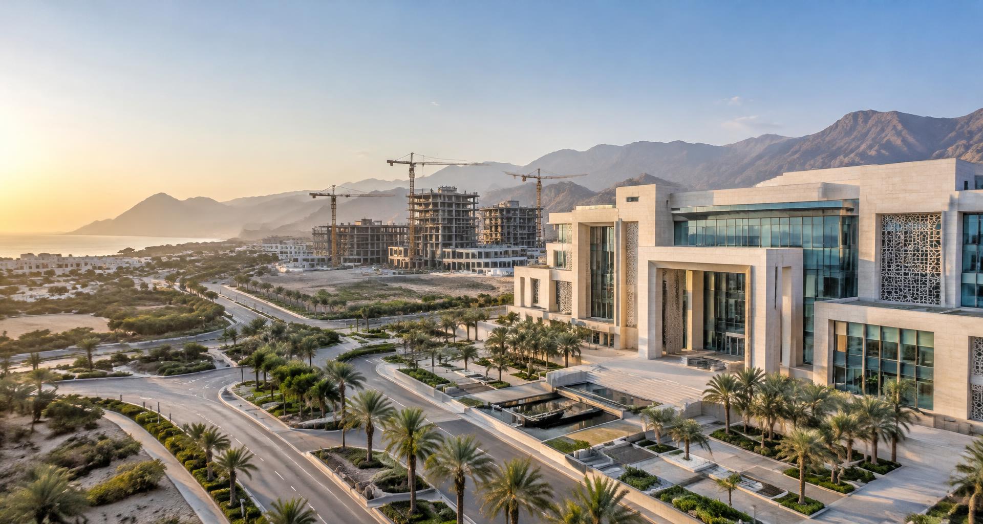 Contemporary architecture and construction set against the mountains of Oman